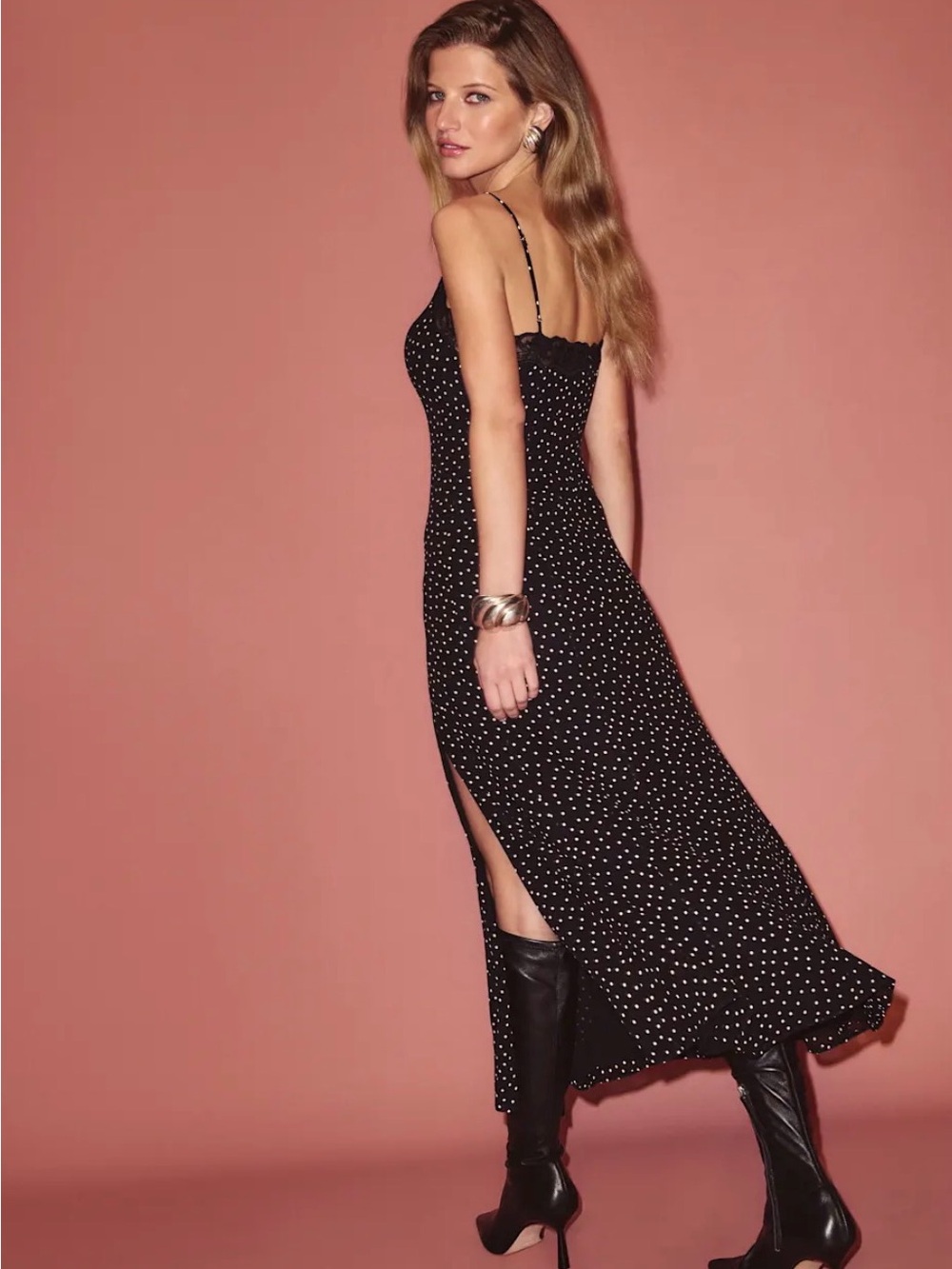 Reformation Black Polka Dot Lace-Trim Midi Dress - Picture 6 of 7
